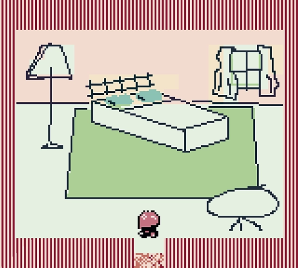 screenshot of an 8-bit style video game. the player character looks into an empty bedroom.