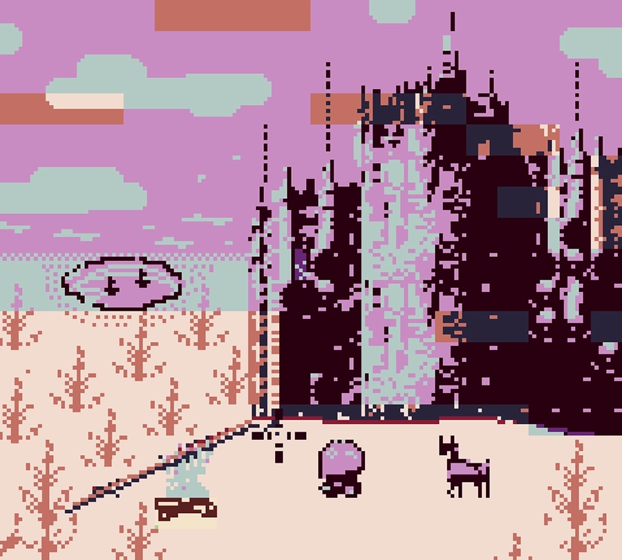 screenshot of an 8-bit style video game. the player character looks out over a cliff at a towering building in the distance.