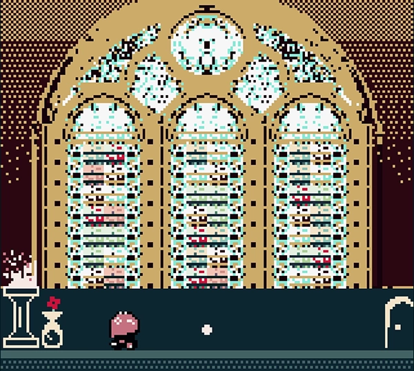 screenshot of an 8-bit style video game. the player character looks at a large stained glass window with three panels